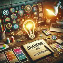 DALL·E 2024-11-19 17.04.43 - A visually striking image representing branding and storytelling_ A desk with design elements like a sketchpad, colorful logo drafts, branding mood bo
