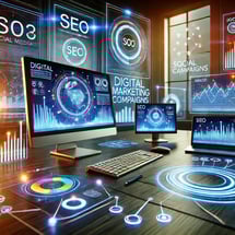 DALL·E 2024-11-19 17.05.02 - A futuristic digital marketing workspace featuring multiple computer screens displaying analytics, social media campaigns, and SEO tools. The setting 