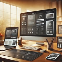 DALL·E 2024-11-19 17.05.06 - A clean, modern website design concept on a large screen, with surrounding elements like tablets and phones showing responsive layouts. The workspace 