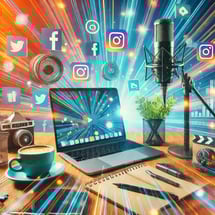 DALL·E 2024-11-19 17.05.10 - A vibrant and dynamic image of a content creator’s desk with tools like a laptop, a microphone, a video camera, and a storyboard. The background featu