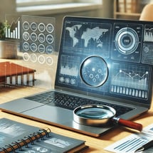 DALL·E 2024-11-19 17.05.13 - A professional workspace with a laptop displaying data dashboards and analytics charts. The scene includes notebooks, graphs, and a magnifying glass s